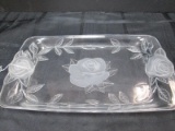 Etched/Cut Rose Pattern Motif Clear Glass Tray
