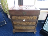3 Drawer, Open Top Jewelry/Silverware Chest w/ Carved Asian Scene Top/Front Sides Design