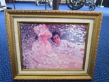 Pink Motif Women Picture Print-On-Canvas in Ornate Antique Patina Wooden Frame/Matt
