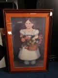 Vintage Picture Print Girl w/ Flowers in Bamboo Design Wood Frame/Matt