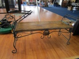 Long Wooden Top Bench w/ Curled Design Metal Frame/Body