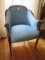 Dark Wood Arm Chair Scallop Back, Curled Arms, Curved Front Legs, Blue Upholstered Body