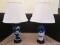Pair - Gorgeous Blue Porcelain Ceramic Lamps Urn Design w/ Raised Milk Glass Crane Scallion