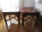 Pair - Dark Wooden Side Tables Square Top, Grooved Legs, Stretchers, Pieced Design Corners