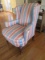 Pink/Blue Striped Arm Chair Wing Sides, Curved Arms, Wooden Scallop Curved Legs