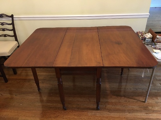 Cherry Wood Drop Leaf Dining Table, Block-Spindle-Block Legs on Casters