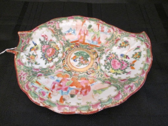 Tall Asian Scene Motif/Rose Pattern Hand Painted Leaf Design Flatware Dish