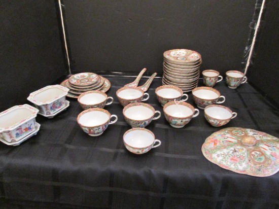 Hand Painted Asian Scene/Rose Pattern Gilted Rim Lot - 11 Cups, 2 Soup Spoons, 13 Saucers