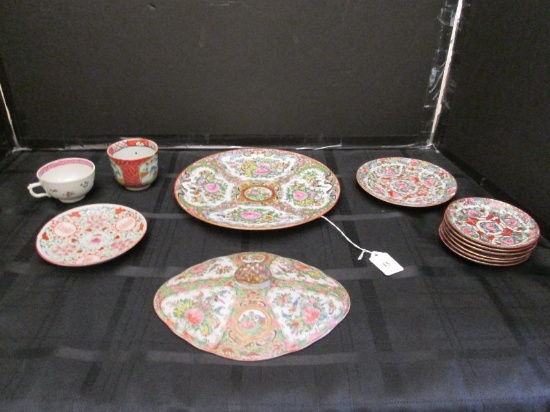 Lot - Misc. Asian Motif/Rose Pattern Saucers, Plate 10" D, Cup on Wood Stand, Lid, Etc.