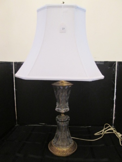 Tall Clear Cut Glass Lamp w/ Ornate Brass Base/Middle, Cream Shade