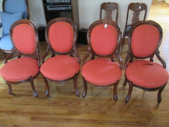 4 Rococo-Revival Style Chairs Curved Leaf/Scroll Design Shield Back, Grooved Legs