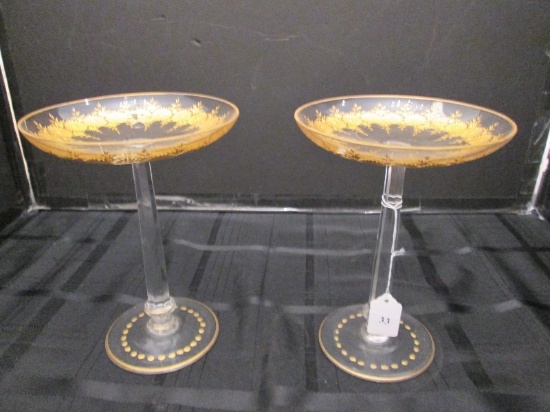 Tall Votive Candle Saucers on Cut Pontil Colors, Gilted Floral Pattern/Rim/Bead Base