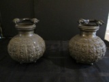 Pair - Metal Wide Body Vases w/ Handles, Asian Rooster Pattern, Rope Trim, Ball Feet