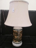 Ceramic Lamp w/ Cornucopia/Vase/Bird Scene Motif White Shade
