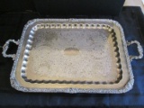 Large Silverplate Butler Serving Tray w/ Ornate Scalloped Trim/Handles