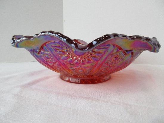 Amberina Carnival Glass Footed Bowl w/ Ruffled Flared Rim Hobstar & Button Pattern