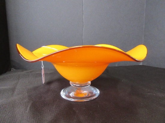 Mid-Century Modern Art Glass Orange Compote w/ Amber Trim on Clear Base