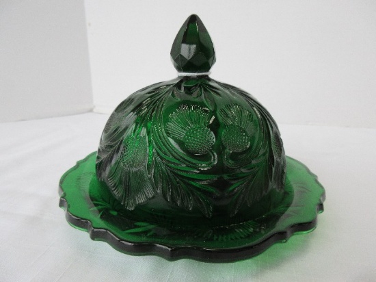 Mosser Emerald Green Glass Inverted Thistle Pattern Dome Covered Butter Dish