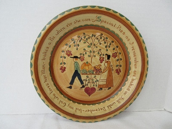 Pennsbury Pottery 9" Pie Plate Embellished w/ Amish Fall Harvest & Verse on Rim