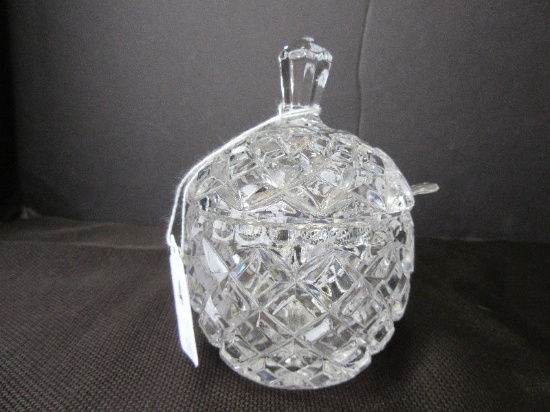 Lead Crystal Diamond Pattern Jam/Marmalade Jar w/ Slotted Finial Lid & Plastic Spoon