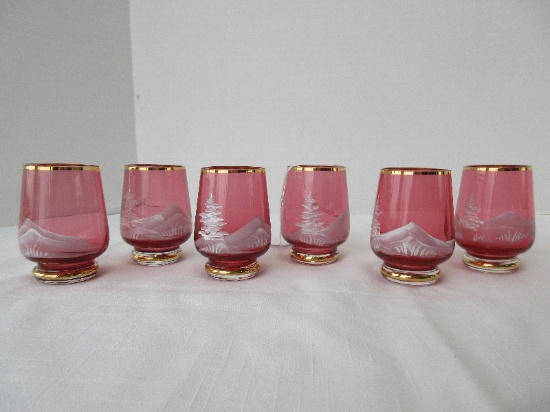 Set - 6 Mary Gregory Style Cranberry 3 1/8" Shot Glasses Hand Painted Landscape Design