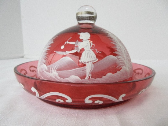 Scarce Mary Gregory Design Cranberry Glass Dome Covered Butter Dish