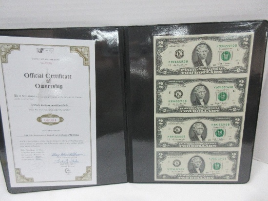 Wow! Collectors Sheet of 2009 Un-Cut Green Seal 4 Two Dollar Bills