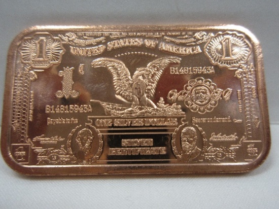 1899 One dollar Black Eagle Silver Certificate .999 Fine Copper Ingot
