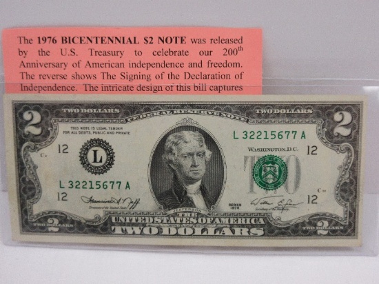1976 Bicentennial $2 Note Bill Celebrating 200th Anniversary
