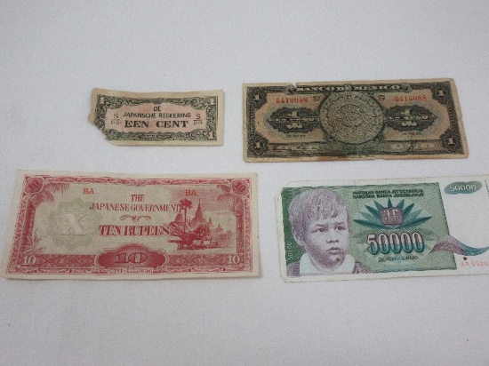 4 Foreign Paper Money Bill Collection Japanese, Bancode Mexico & Other