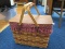 Vintage Wicker/Wood Basket w/ Handles w/ 4 Picnic Cups White Floral Pattern Upholstered