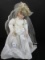 Wedding Dress Doll Porcelain Head/Hands/Feet on Wooden Stand w/ Bouquet