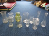 Glass Lot - Wide Body Narrow Neck Vases, Yellow Twist Vase, Urn Vases, Bud Vase, Ec.