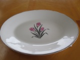 Pink Floral Center Silver Band Trim Oval Platter