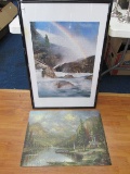 2 Large Jigsaws, 1 in Frame, Lake/Mountains Scenes Black Frame w/ Matt