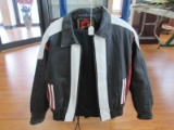 Italian Black/White/Red Size L Leather Jacket Nylon Inside w/ 100% Black Nylon Pants
