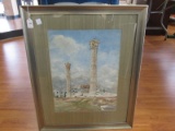 Hand Painted Watercolor Columns/Ruins in Gilted Wooden Frame/Matt