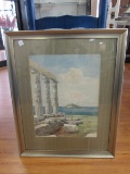 Hand Painted Watercolor Sea Scene/Ruins in Gilted Wooden Frame/Matt