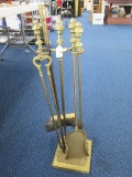 Tall Standing Brass Fireplace Kit Shovel, Tongs, Brush, Poker, Spindle Top