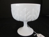 FTD © 1978 Milk Glass Tall Bowl on raised Base, Tree Pattern Rim