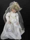 Wedding Dress Doll Porcelain Head/Hands/Feet on Wooden Stand w/ Bouquet