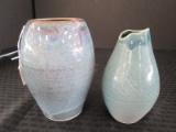 Wide Body Blue Glazed Ceramic Vase Signed Russell R.M.S. on Base