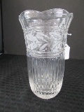 Tall Lead Crystal Glass Vase Etched Flower Band, Ribbed Body Scallop Rim