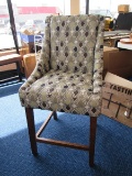 Green Pattern Upholstered Chair Curved Arms Upholstered Back, Wooden Block Legs