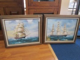 Pair - Hand Painted Oil on Canvas Sailboats in Wooden Frames