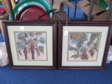 Pair - Palm Tree Picture Prints in Wooden Bead Frames/Matts