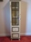 Slim Curio Cabinet w/ Adjustable Shelves & Double Base Drawers Ivory Finish Brown Trim