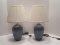 Pair - Mid Century Modern Relief Design Blue Glaze Finish Boudoir Lamps & Pleated Shades