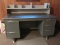Vintage Metal Industrial Grey Metal Desk w/ Velvoleum Top, Writing Pullout Dual Slopes