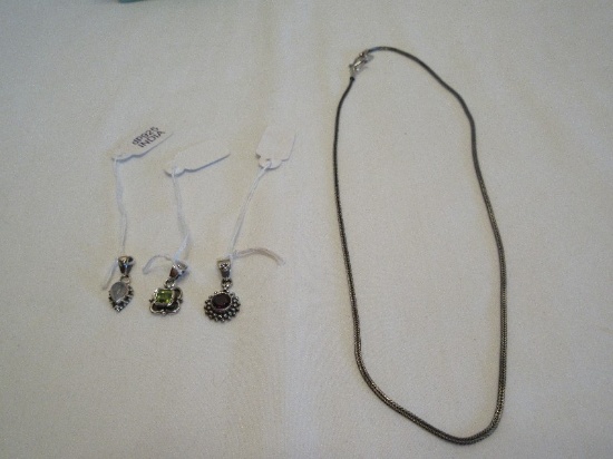 Lot - D.P. 925 Silver Necklace Chain & Three 925 Pendants Peridot, Amethyst & Opal Color